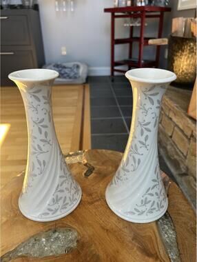 Lenox Pair of White Porcelain Candle Sticks with Silver Leaf Pattern